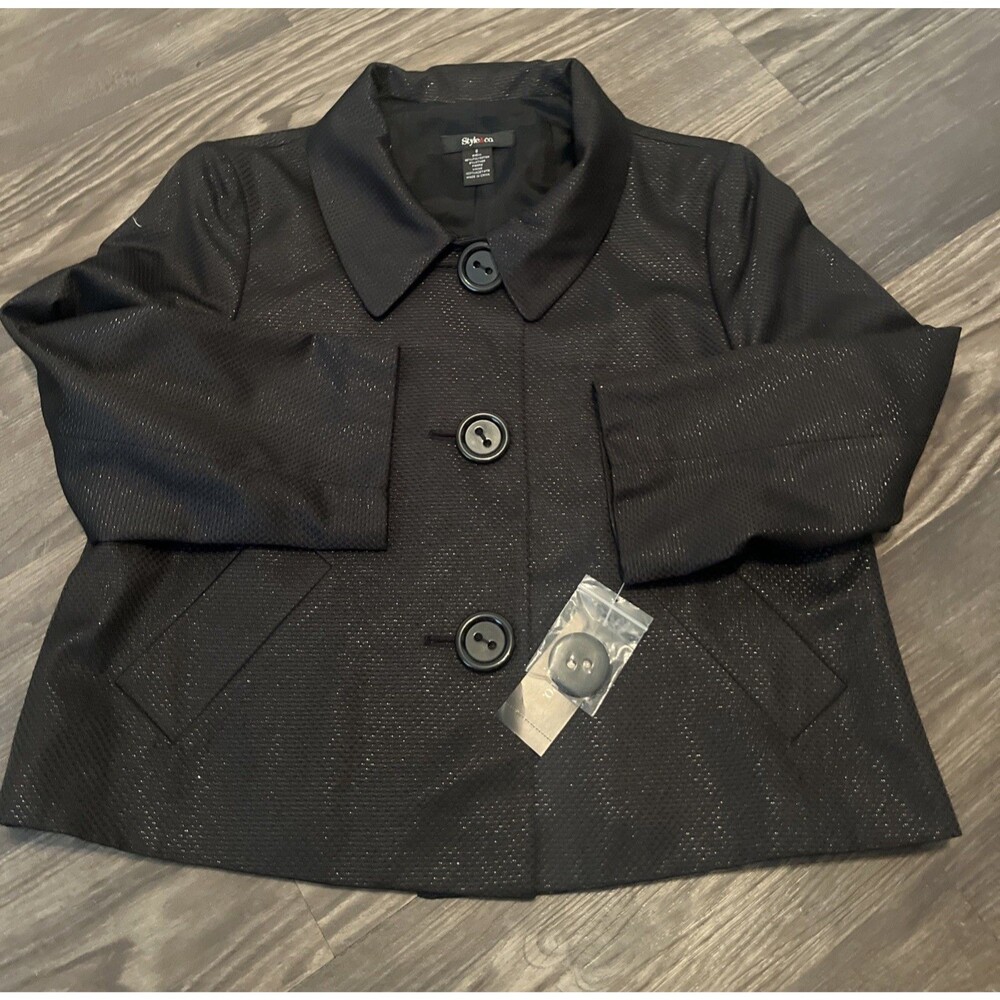 STYLE & CO Women’s Shiny Finish Lined Button Front Swing Jacket Black Size 8